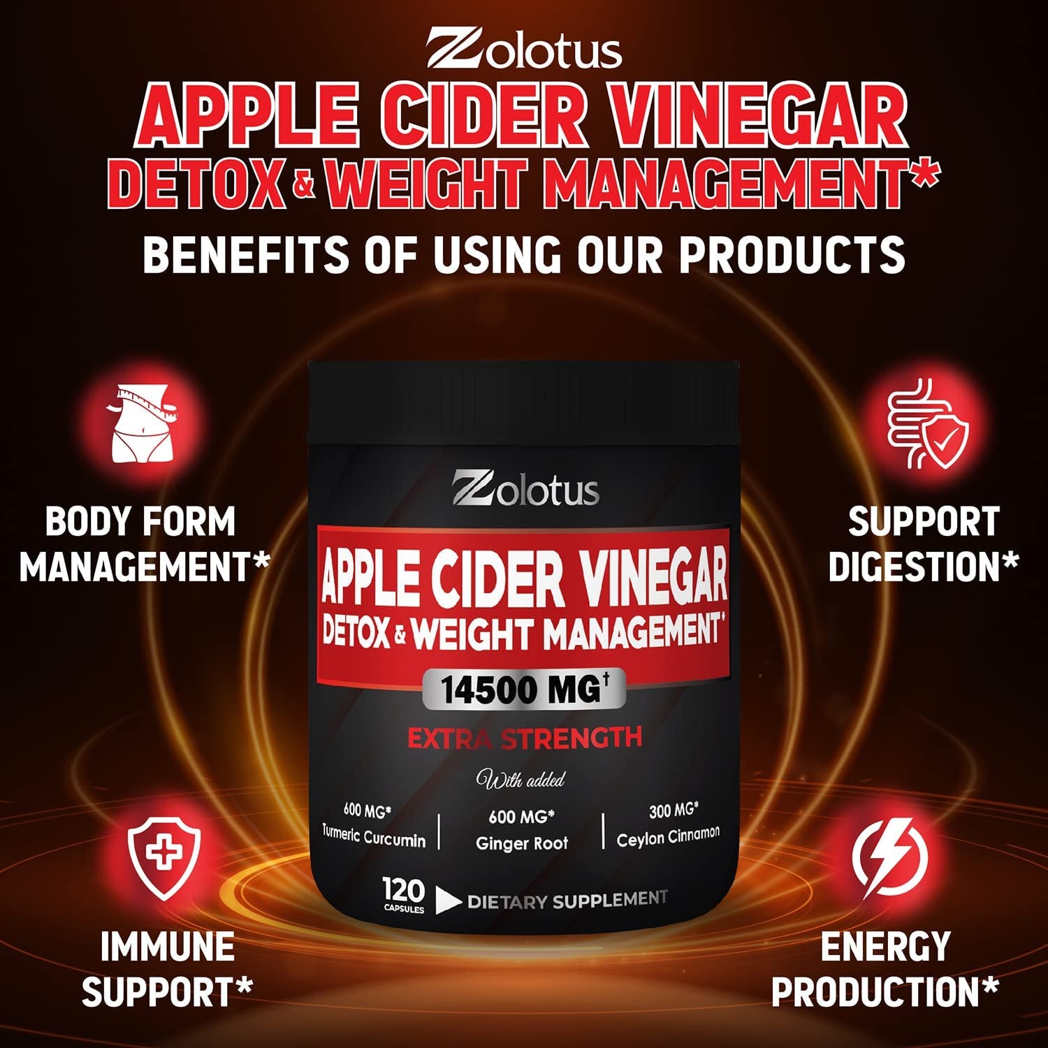 16 in 1 Apple Cider Vinegar Capsules, Equivalent to 14500Mg, with Turmeric, Cinnamon, Milk Thistle, Garcinia Cambogia, Quercetin, Best Supplement for Keto, Detox & Weight Management (120 Capsules)