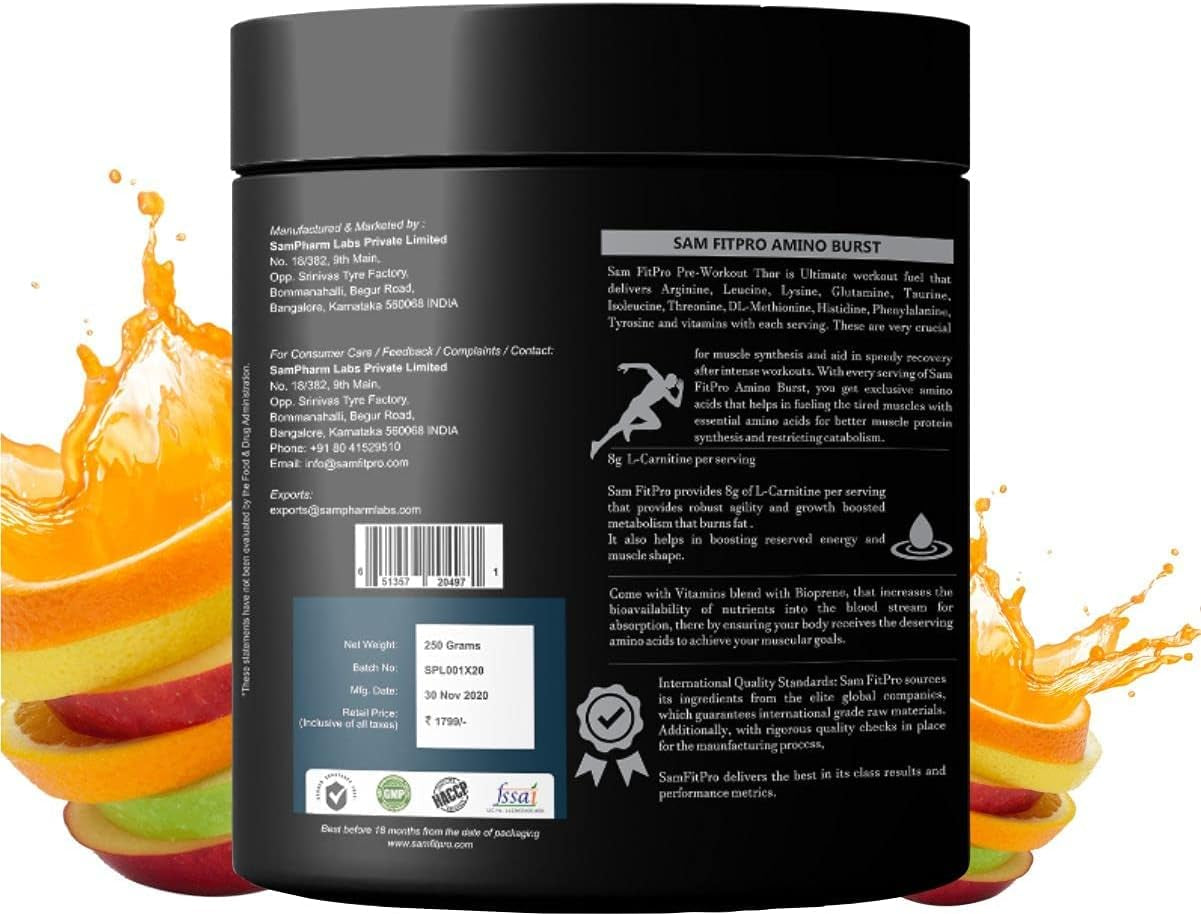 Verem Pro Pre Workout Amino Burst - Combination of Most Amino Acids 250G (Fruit Splash)