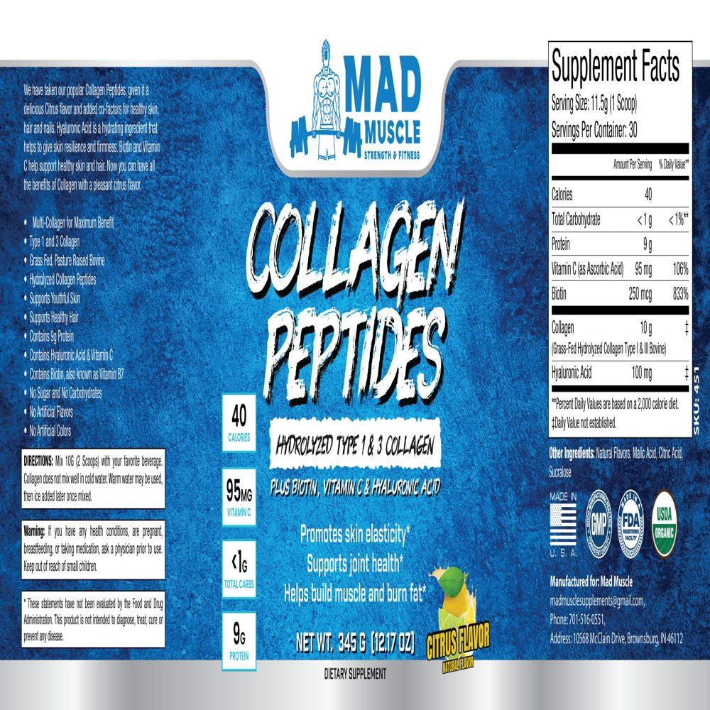 Collagen Protein Peptides - Type I and III plus Biotin, Hyaluronic Acid and Vit C- Citrus Flavor