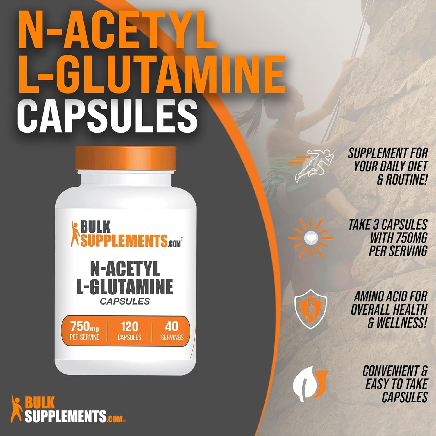 BULKSUPPLEMENTS.COM N-Acetyl L-Glutamine Capsules - Glutamine Supplement, L Glutamine Capsules - Gut Health & Recovery, Glutamine 750Mg - Gluten Free, 3 Capsules per Serving, 120 Capsules