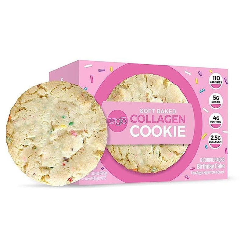 321Glo Collagen Cookies | Soft Baked, High Protein Cookies | Low Carb, Low Sugar | Keto Snack for Women, Men, & Kids | 6 Pack (Birthday Cake)