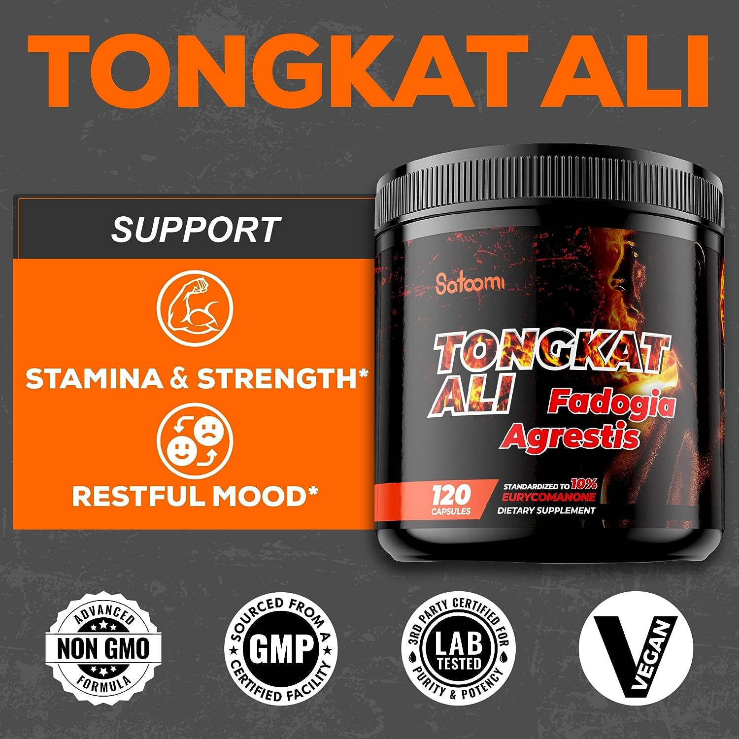 Satoomi Tongkat Ali with Fadogia Agrestis Supplement - Highest Potency 10% Eurycomanone Longjack Tongkat Ali Extract 300:1- Support Strength, Energy and Healthy Immune