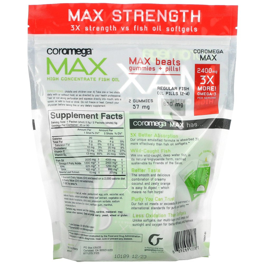 Coromega Max High Concentrate Omega-3 Fish Oil, Coconut Bliss, 90 Squeeze Shots, 2.5 G Each