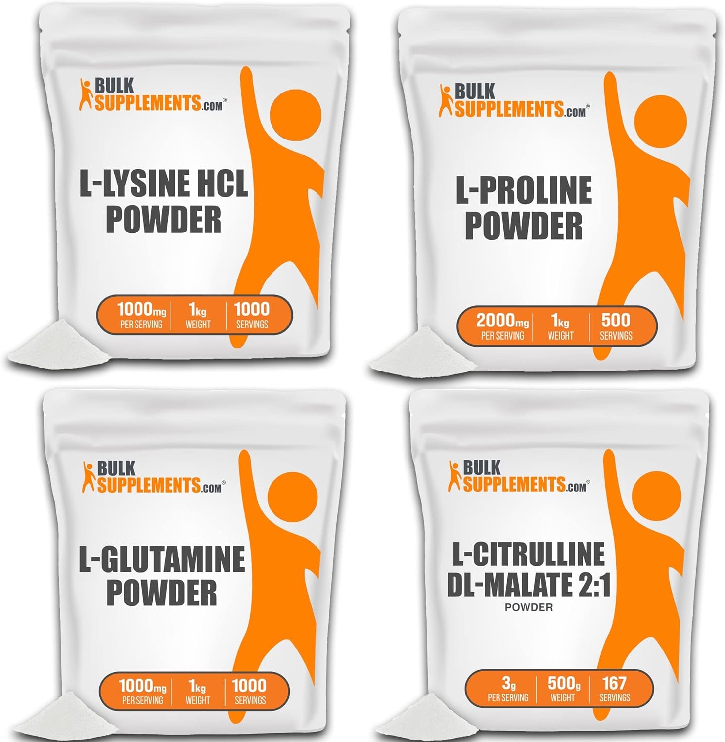 BULKSUPPLEMENTS.COM L-Lysine Powder (L-Lysine HCL) 1KG, with L-Proline Powder 1KG, L-Glutamine Powder 1KG, & Glycine Powder 1KG Bundle