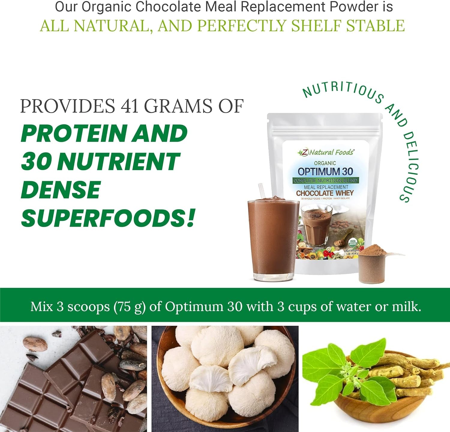 Z Natural Foods Optimum 30 Organic Chocolate Whey Meal Replacement Powder