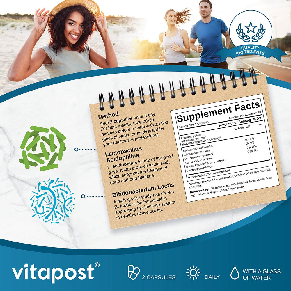 Vitapost Probiotic Support Supplement with Digestive Flora for Gut Health - 60 Capsules