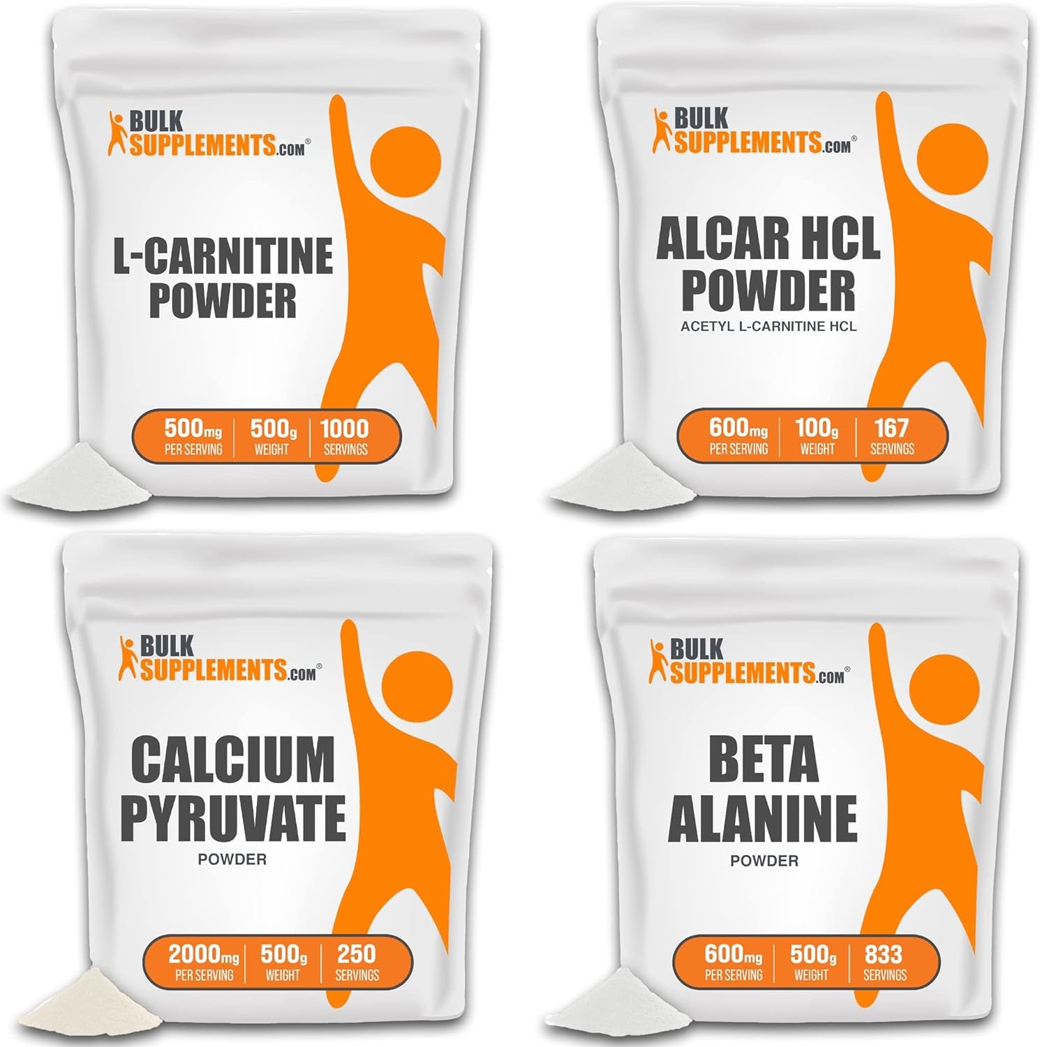 BULKSUPPLEMENTS.COM L-Carnitine Powder 100G (Pack of 1), Acetyl L-Carnitine Powder (ALCAR Hcl) 100G (Pack of 1), Calcium Pyruvate Powder 500G (Pack of 1) & Beta Alanine Powder 500G (Pack of 1) Bundle