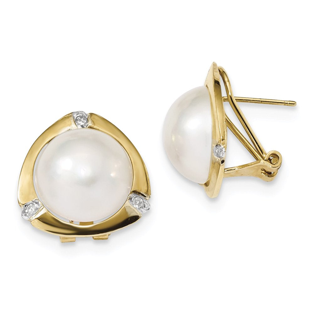 14K 12-13Mm White Mabe FWC Pearl .06Ct Diamond Omega Back Earrings XMP99 (4.73 Grams|12 to 13MM X 12 to 13MM)