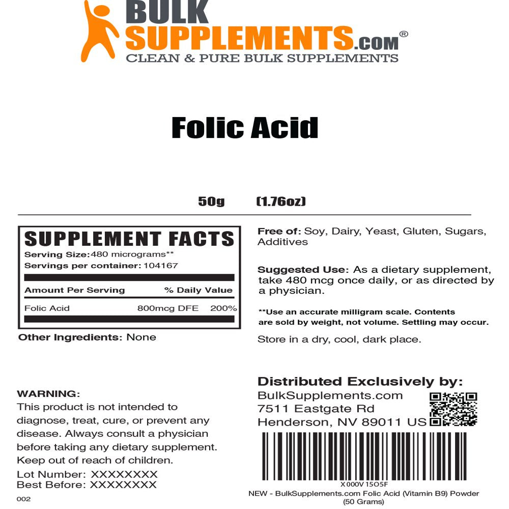 Bulksupplements.Com Folic Acid (Vitamin B9) Powder 480Mcg - Prenatal Vitamins (50 Grams)