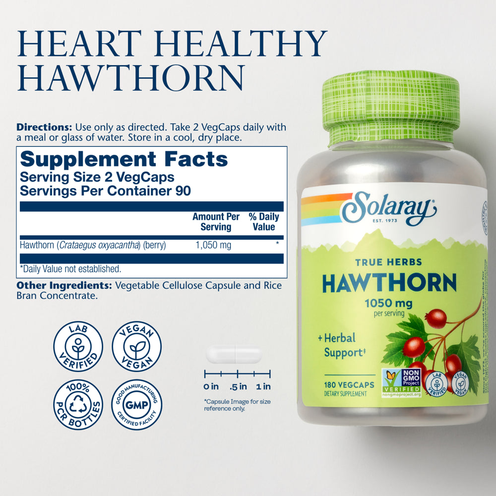 Solaray Hawthorn Berry 1050Mg | Healthy Cardiovascular Function & Normal, Healthy Circulation | Whole Berry | Non-Gmo & Vegan | 180 Vegcaps