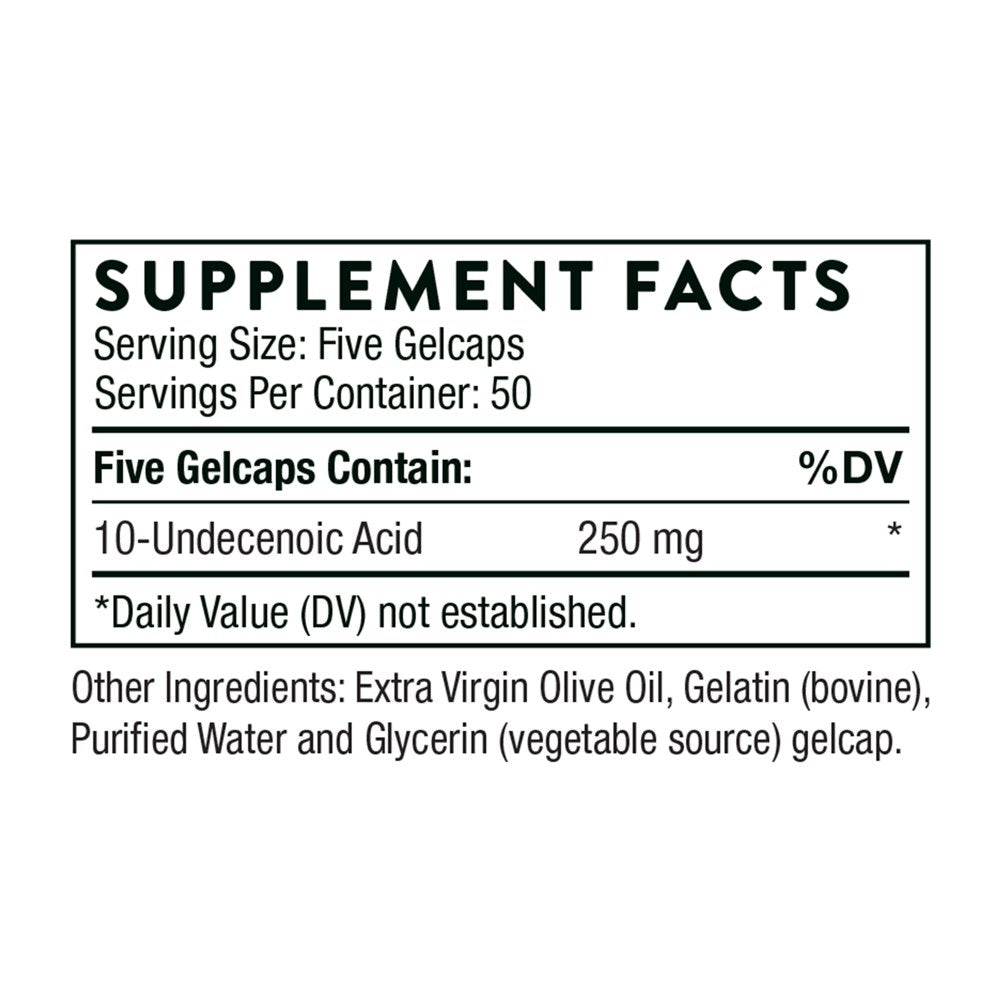 Thorne Undecylenic Acid, 250 Mg of Undecylenic Acid, Fatty Acid Support for a Healthy Balance of Gut and Vaginal Flora, Gluten Free, 250 Gelcaps, 50 Servings