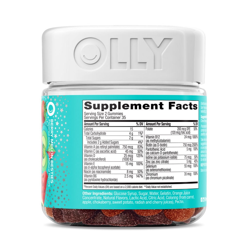 OLLY Teen Girl Multivitamin Gummies, Biotin, Antioxidants with Vitamin A, C & E, Berry Melon Flavor, 70 Ct