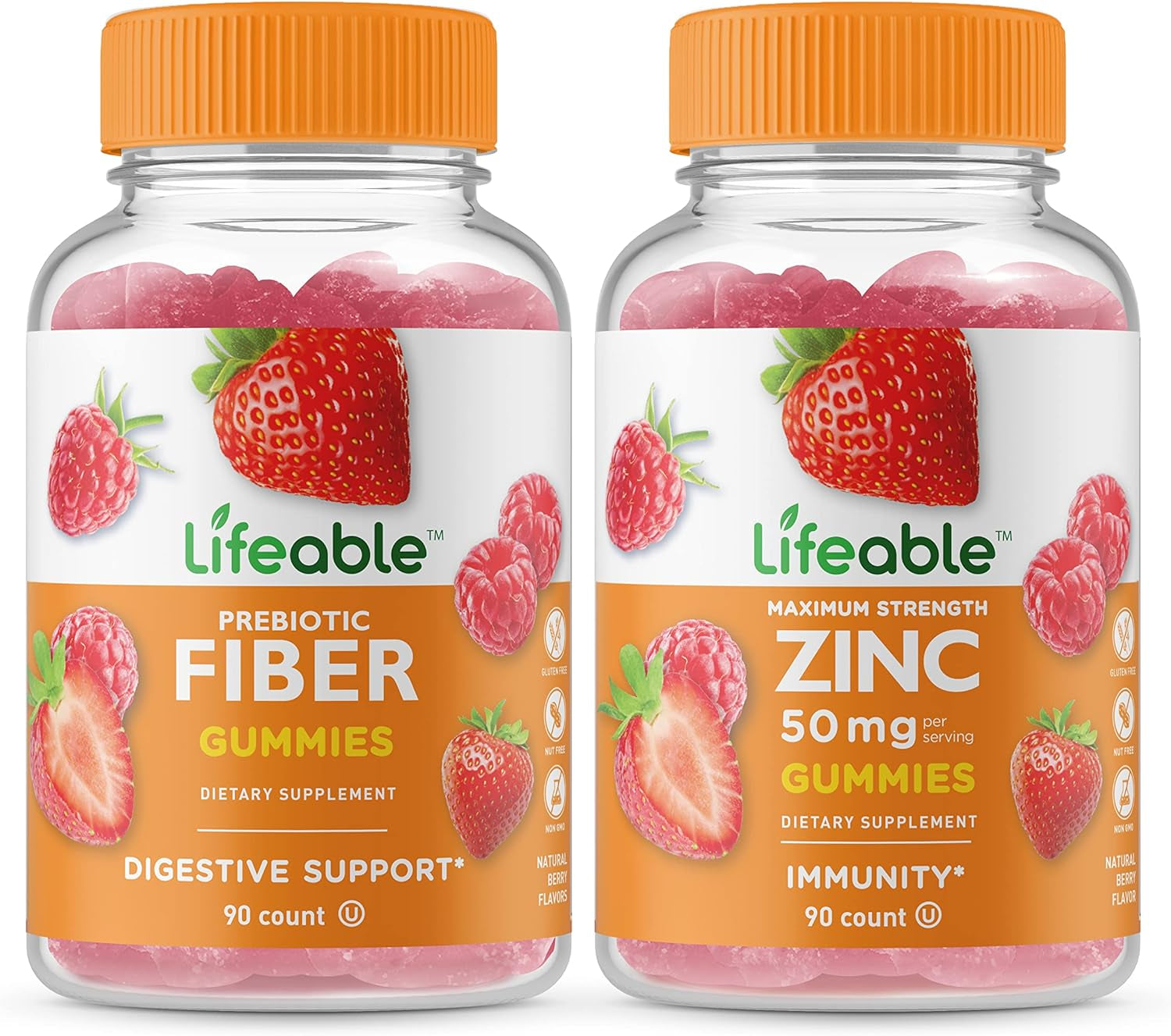 Lifeable Prebiotic Fiber 5G + Zinc 50Mg, Gummies Bundle - Great Tasting, Vitamin Supplement, Gluten Free, GMO Free, Chewable Gummy