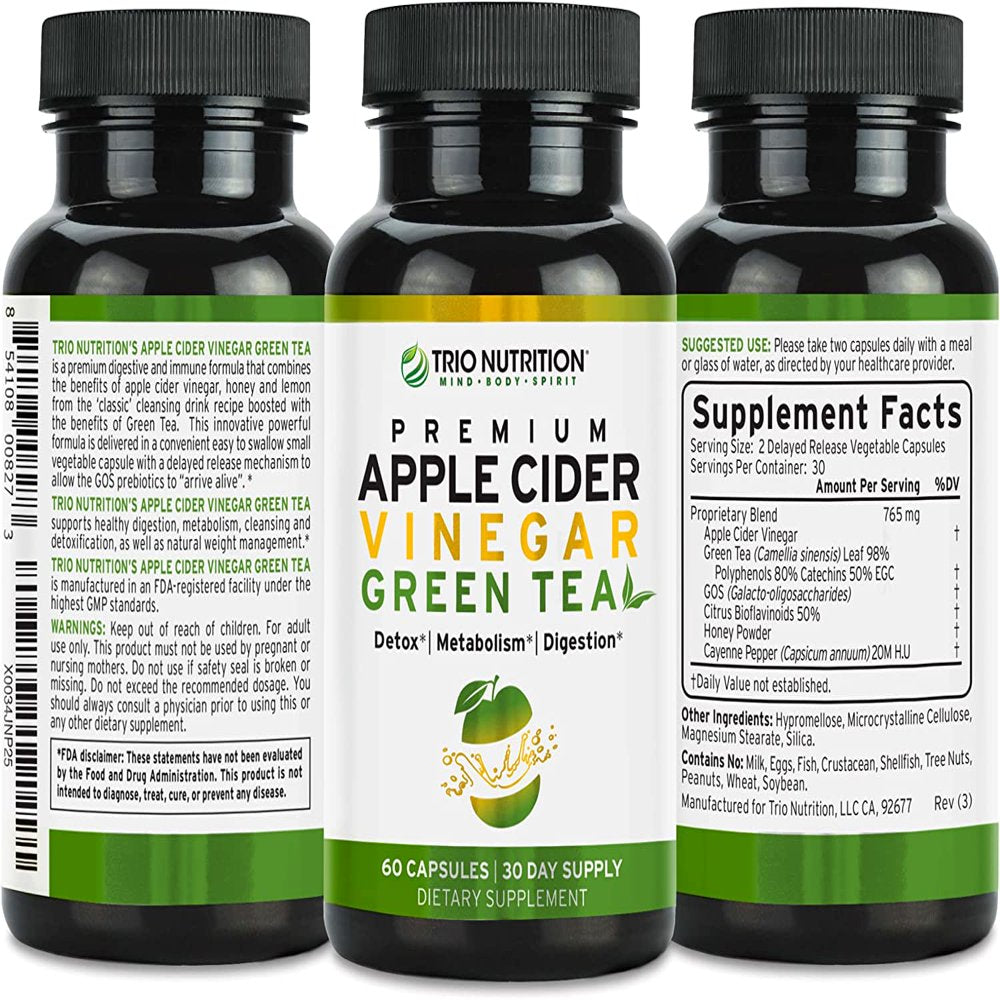 Trio Nutrition Apple Cider Vinegar Capsules with Green Tea | Maximum Strength Immune Support Booster Formula | Raw & Fresh Natural Apple Cider Vinegar Pills for Cleanse, Detox Boost, Keto & Metabolism