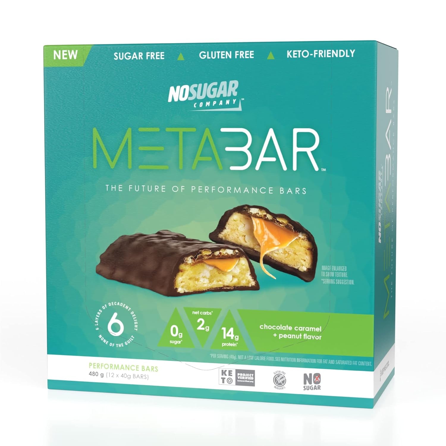 *NEW* No Sugar META BAR - High Protein Energy Bars, 0G Sugar, 14G Protein, Low Net Carb, Chocolate Caramel & Peanut - Grab & Go Protein Snack Bars with Six Layers of Decedent Delight - Gluten Free, Keto Friendly (Chocolate Caramel & Peanut, 12 Bars)