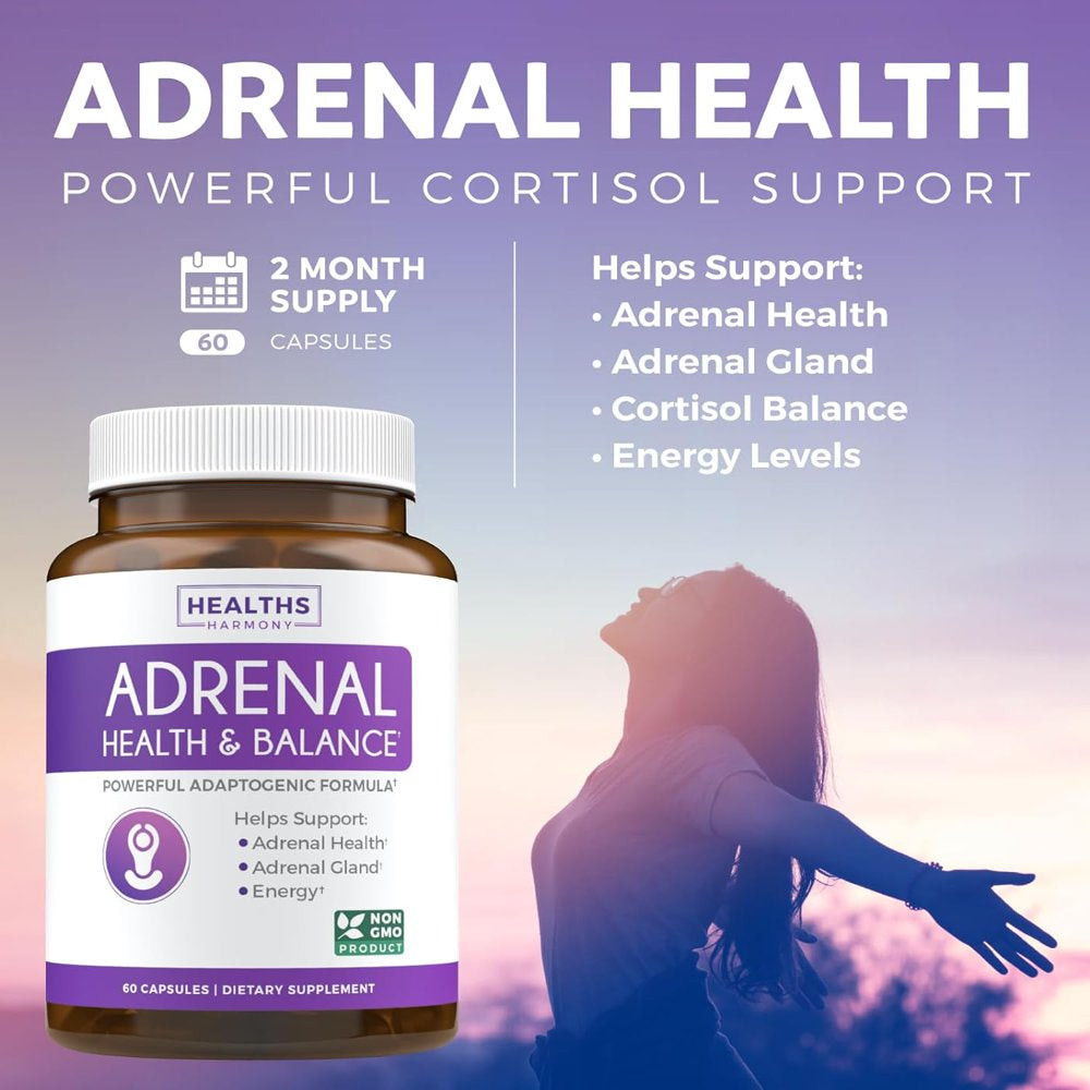 Healths Harmony Adrenal Support Supplement (NON-GMO) Adrenal Health with L-Tyrosine and Ashwagandha - Helps Maintain Balanced Cortisol Levels - Helps Stress Relief - 60 Capsules