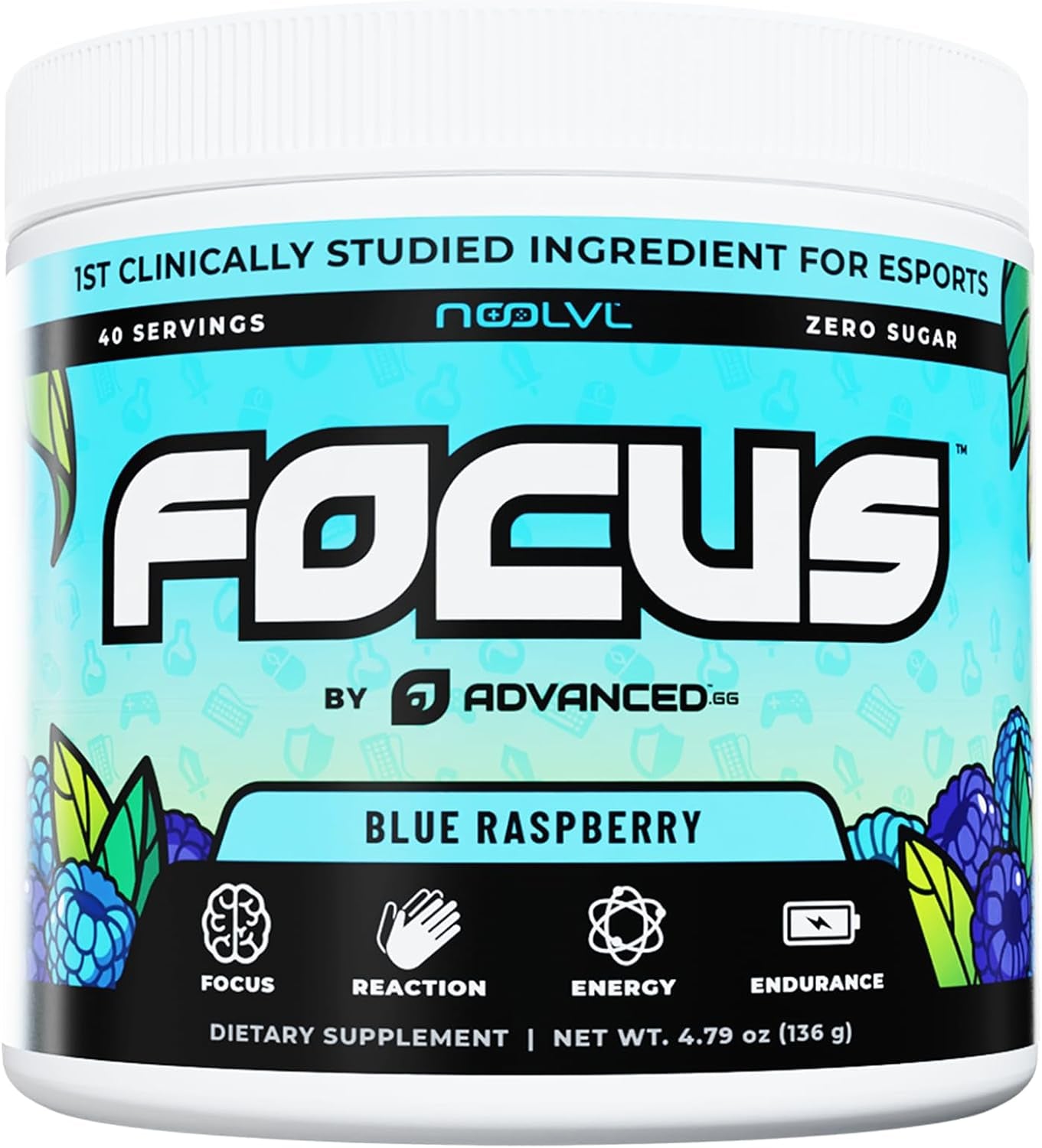 Advanced Focus - Focus and Concentration Formula with Noolvl - Mental Clarity & Energy Boost for Gaming, Work & Study - Sugar Free & Keto Friendly - (40 Servings) (Blue Raspberry)