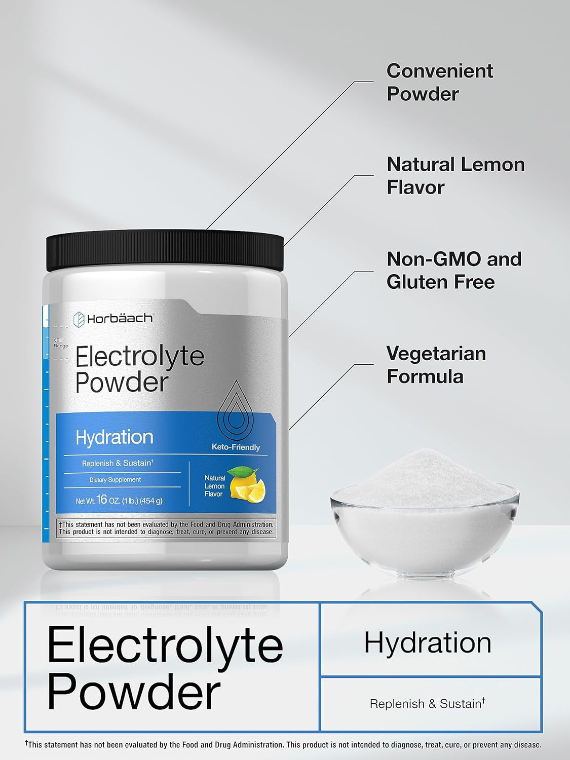 Electrolytes Powder | 16 Oz | 130 Servings | Hydration Supplement | Vegetarian | Keto-Friendly | Non-Gmo, Gluten Free Formula | Natural Lemon Flavor | by Horbaach