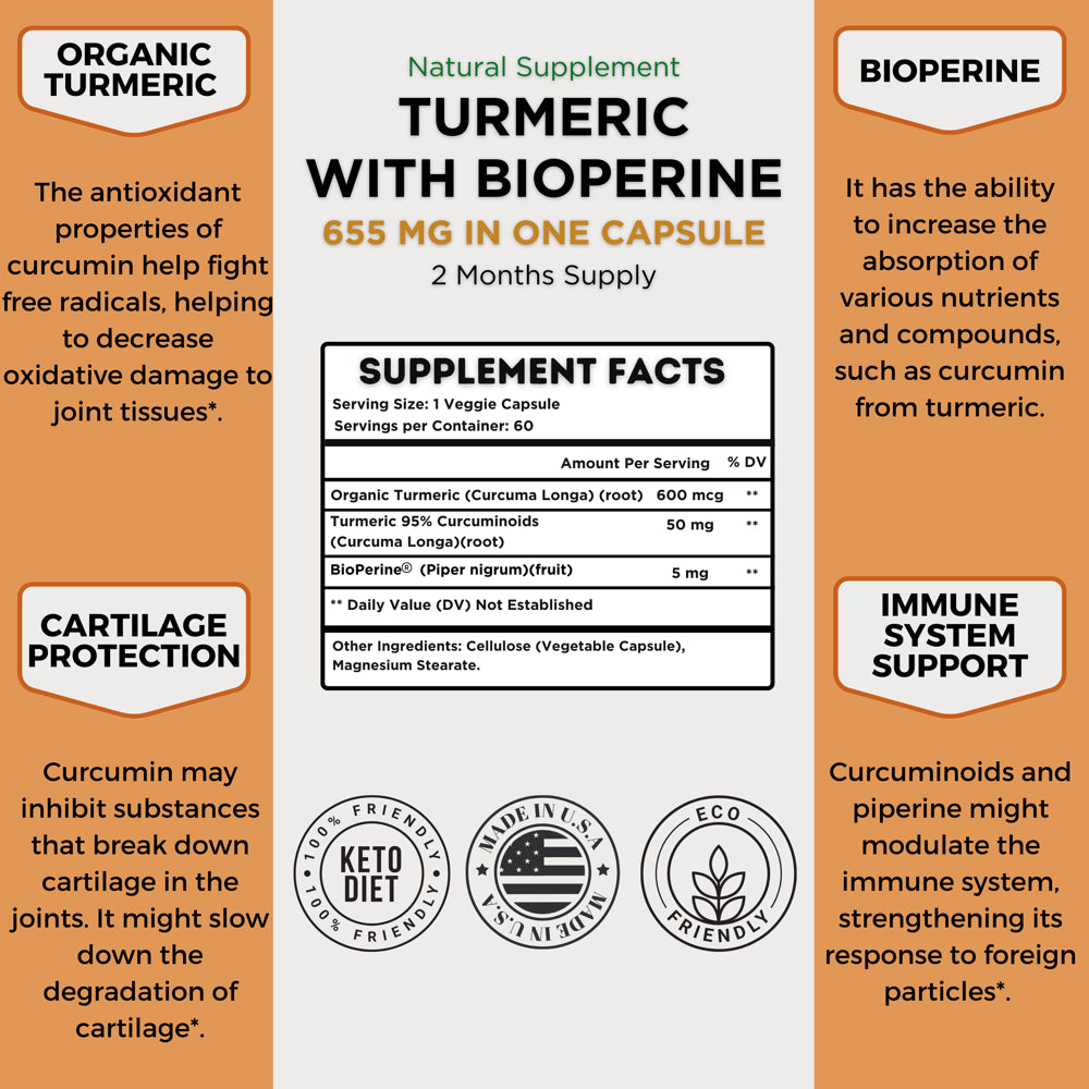 Healblend Organic Turmeric Curcumin with Bioperine Black Pepper - 95% Standardized Curcuminoids High Absorption for Joint Support Supplement, Herbal Formula - 60 Capsules