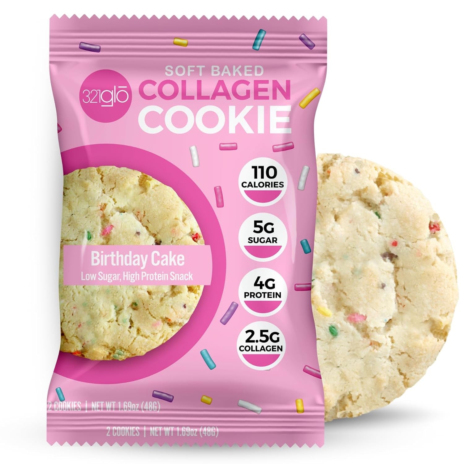 321Glo Collagen Cookies | Soft Baked, High Protein Cookies | Low Carb, Low Sugar | Keto Snack for Women, Men, & Kids | 6 Pack (Birthday Cake)