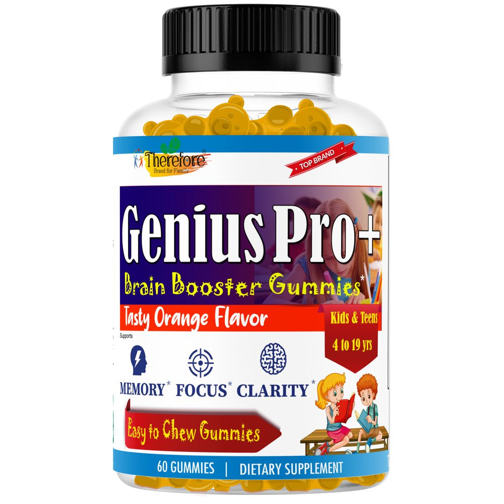 Geniuspro+ Kids Brain Focus Supplements with Omega 3, Support Focus, Memory, Attention, Mood, Chewable Nootropics Brain Vitamins for Kids & Teens, Brain Health Supplement, Fruity Flavor 60 Gummies