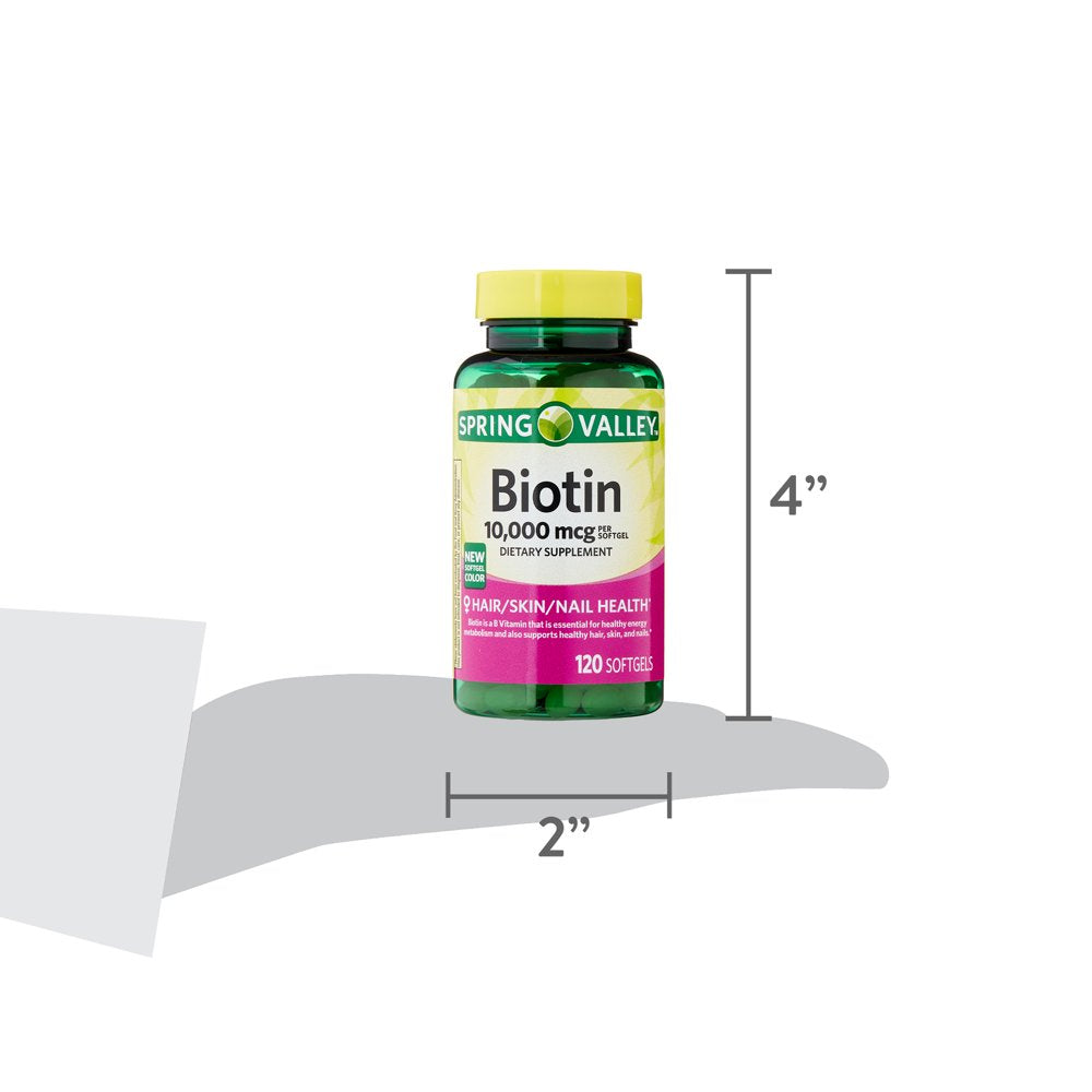 Spring Valley Biotin Hair/Skin/Nails Health Dietary Supplement Softgels, 10,000 Mcg, 120 Count