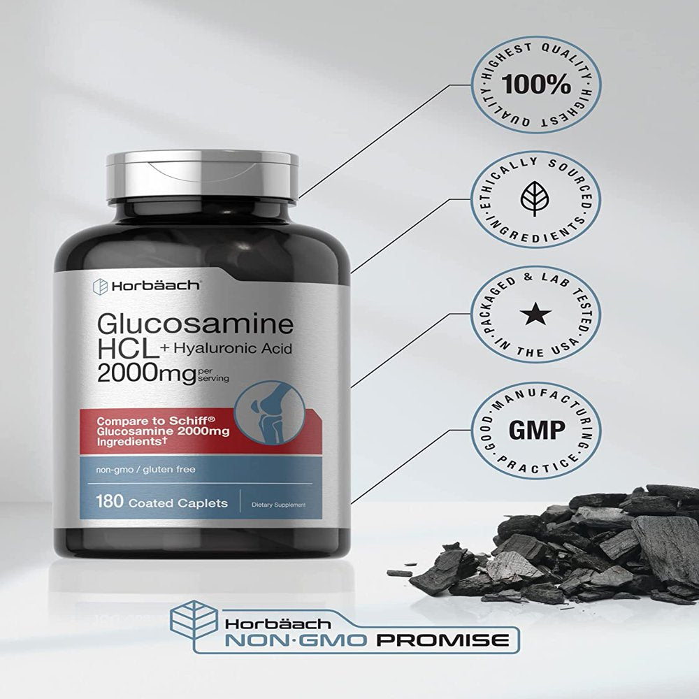 Glucosamine HCL | with Hyaluronic Acid | 2000Mg | 180 Coated Caplets | Non-Gmo & Gluten Free Supplement | by Horbaach