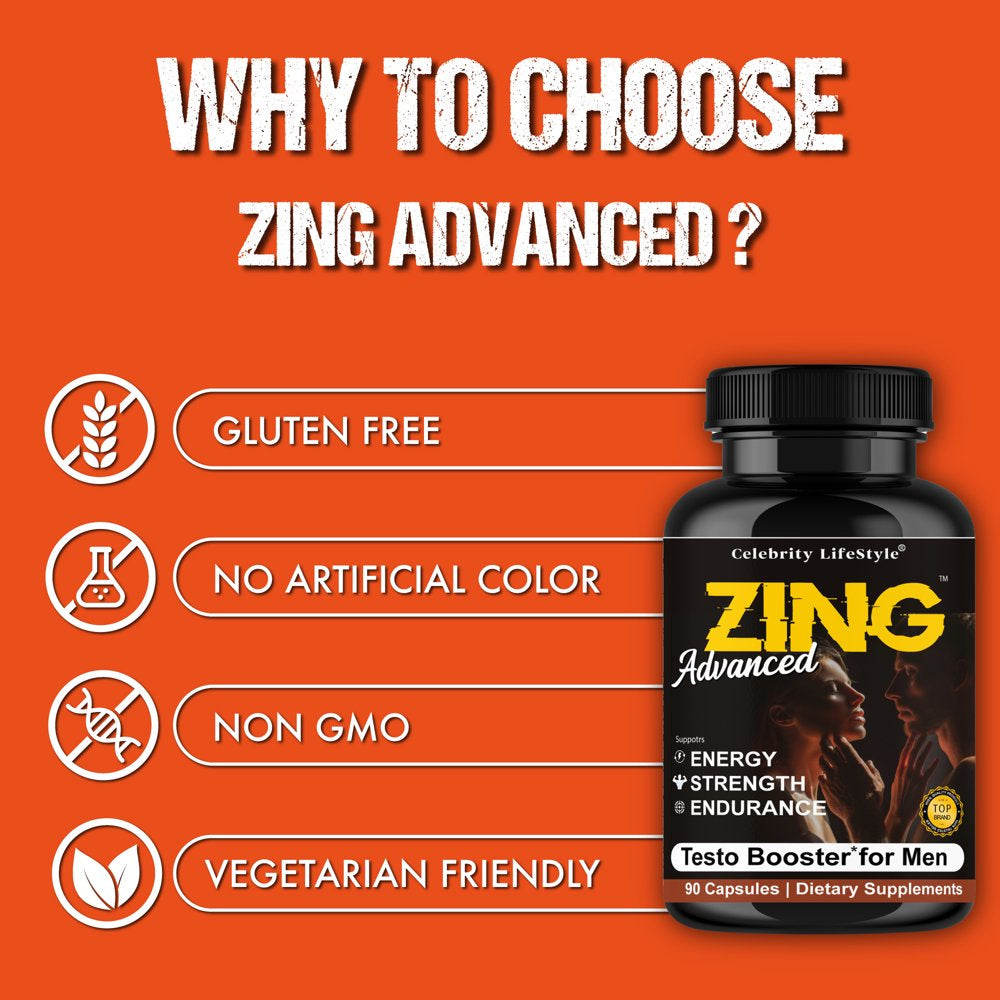 Zing Advance Testosterone Booster Vitamin Supplement, Boost Vitality, Strength, Energy, Muscle Growth Enhancement 90 Capsules