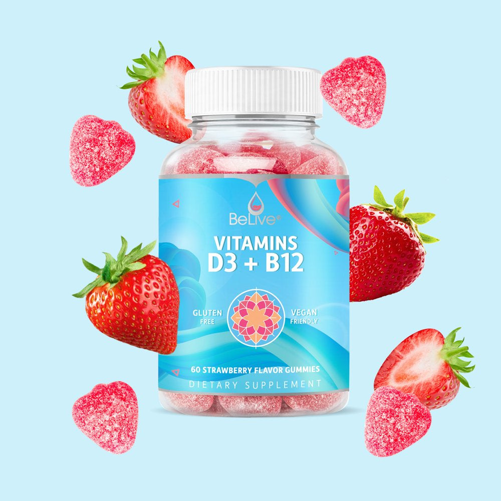 Belive Vitamin D3 Gummies with B12 Vitamins – for Immune Support, Energy & Bone Health – Vegan Friendly, Gluten Free, Strawberry Flavor (60 Count)