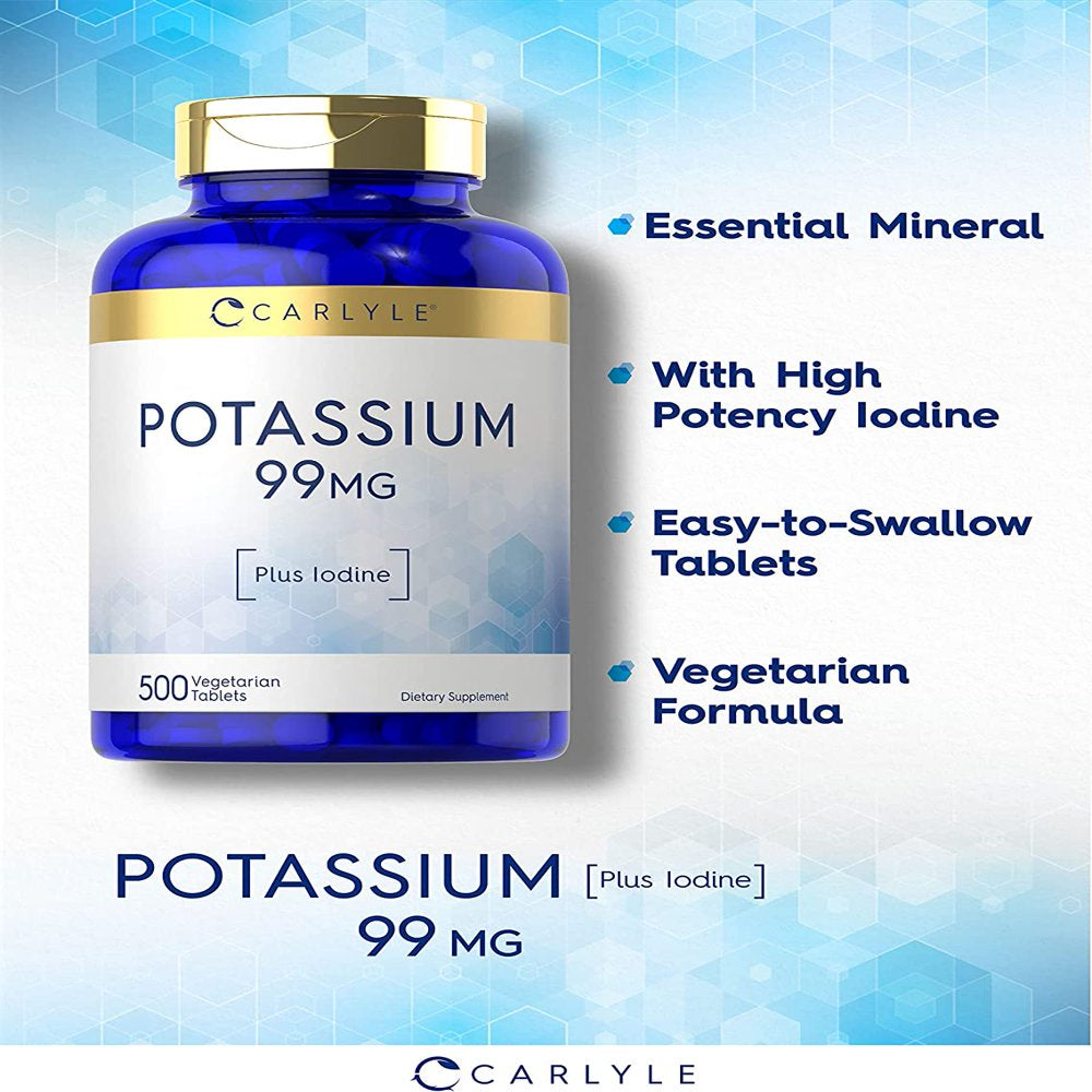 Potassium 99Mg | plus Iodine | 500 Vegetarian Tablets | Non-Gmo and Gluten Free Supplement | by Carlyle