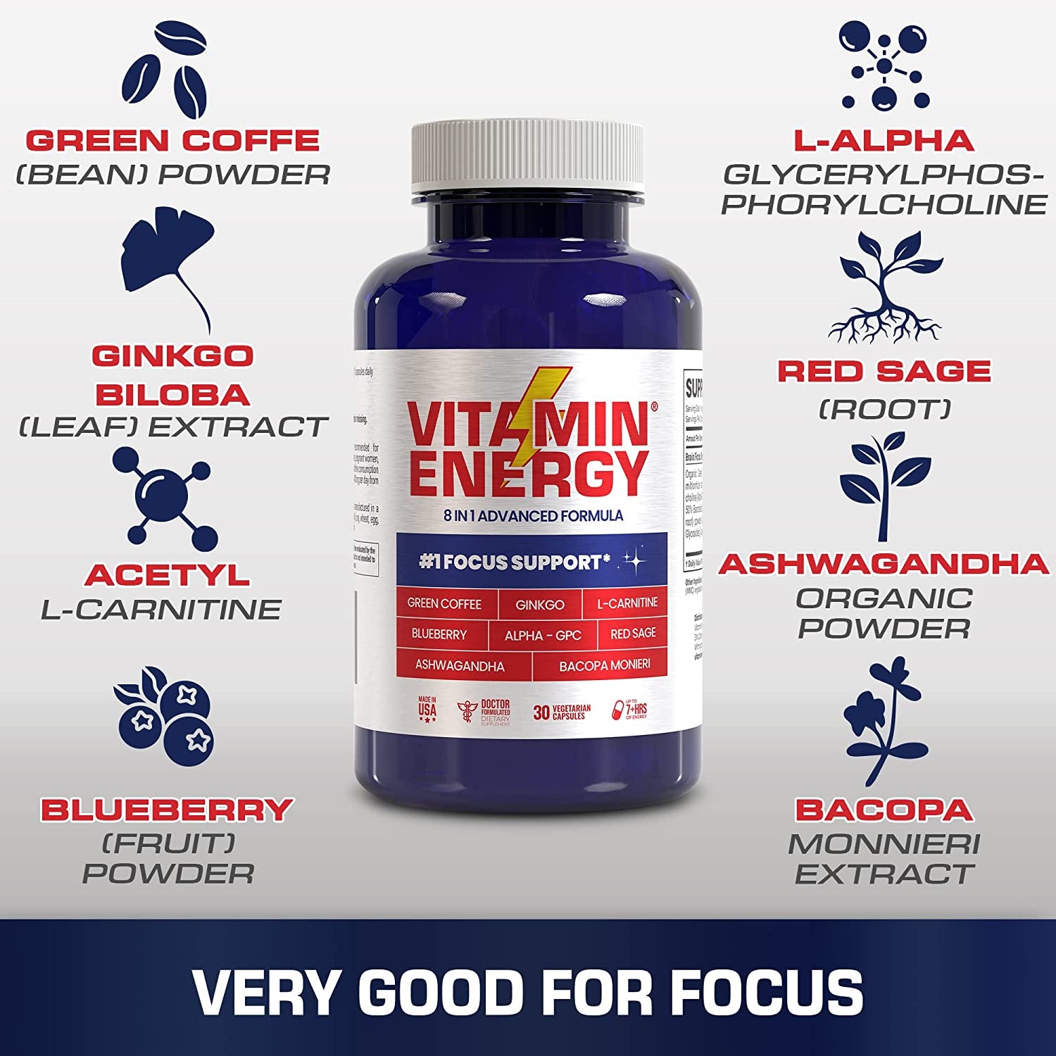 Vitamin Energy Focus+ Energy Capsules, up to 7+ Hours of Energy, 30 Capsules, 1 Pack