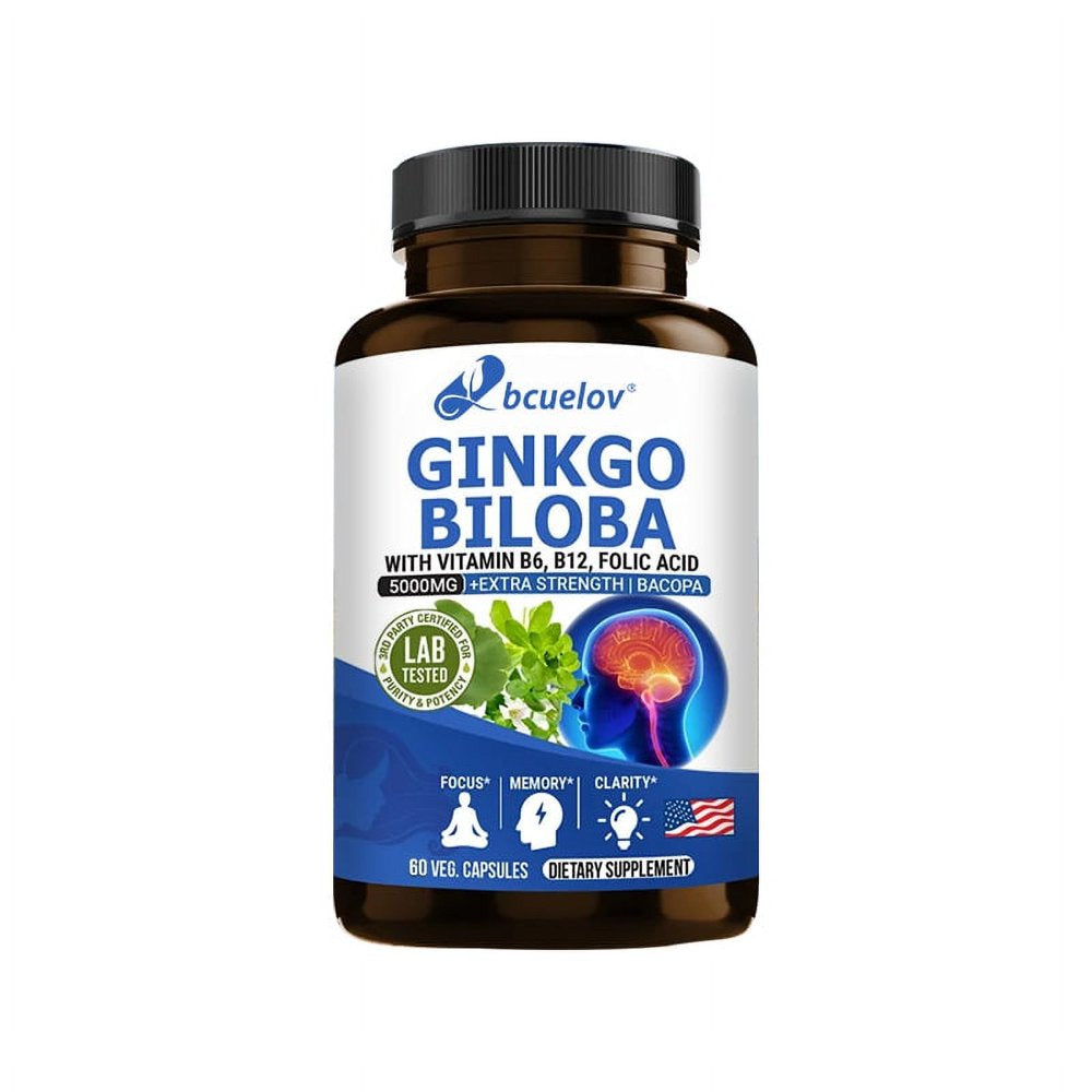 Ginkgo Biloba Supplement - with Vitamins B6 B12 - Standardized Extract 24% Ginkgo Flavonoid Glucosides 6% Terpene Lactones - Brain Memory Mental Clarity Alertness Energy Mood-120Capsules