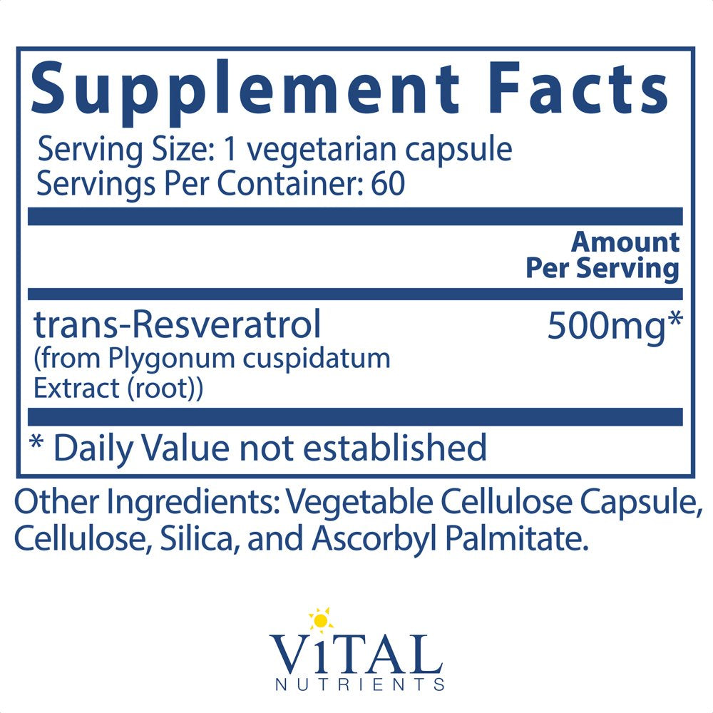 Vital Nutrients - Resveratrol - Ultra High Potency - Cardiovascular and Cell Health Support - 60 Vegetarian Capsules per Bottle - 500 Mg