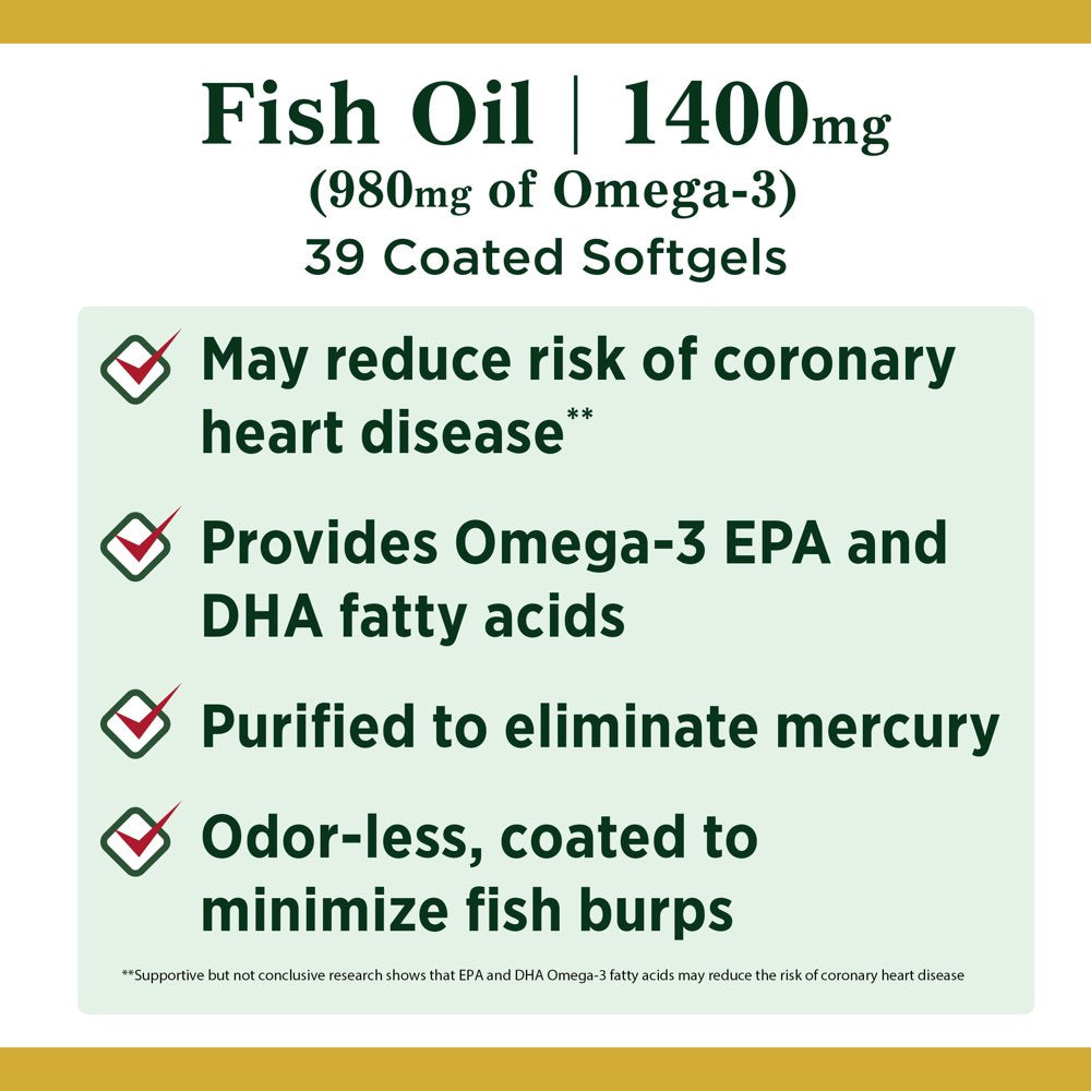 Nature'S Bounty Fish Oil with Omega-3, Dietary Supplement, Promotes Heart Health, 1400Mg, Coated Softgels, 39 Ct