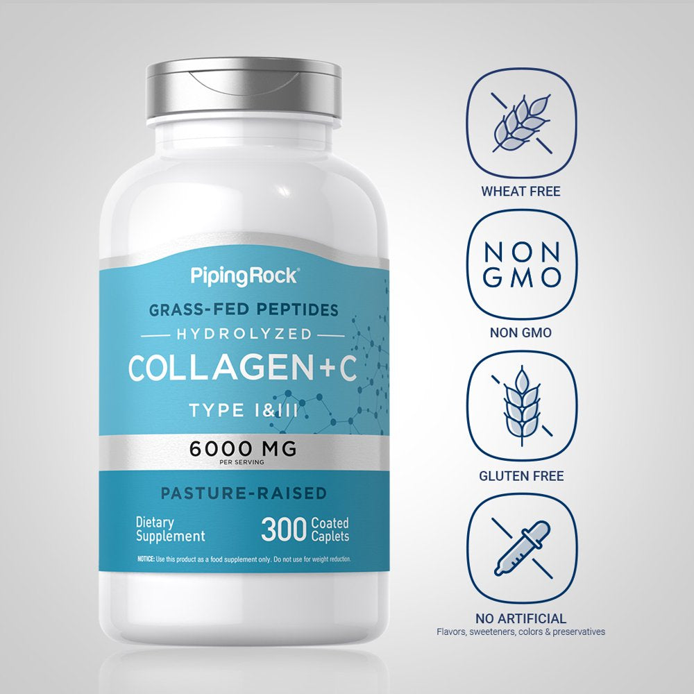 Collagen Pills 6000Mg | 300 Caplets | Hydrolyzed Peptide Supplement | Type I & III | Non-Gmo, Gluten Free | by Piping Rock