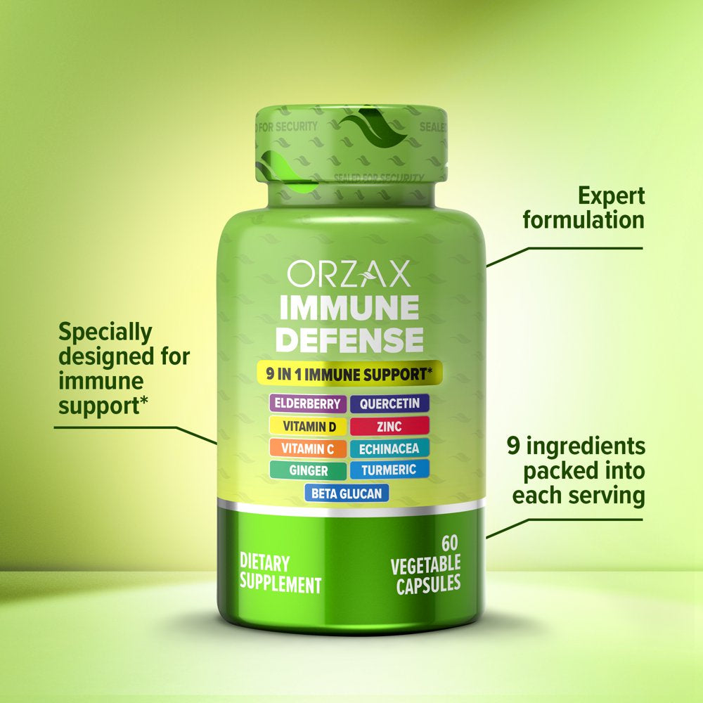 ORZAX 9 in 1 Immune Defense Supplement High Strength Vitamin C & D with Zinc, Quercetin, Turmeric & Ginger, Echinacea Capsules - Herbal Defense for Immune System Support - 60 Veg Capsules