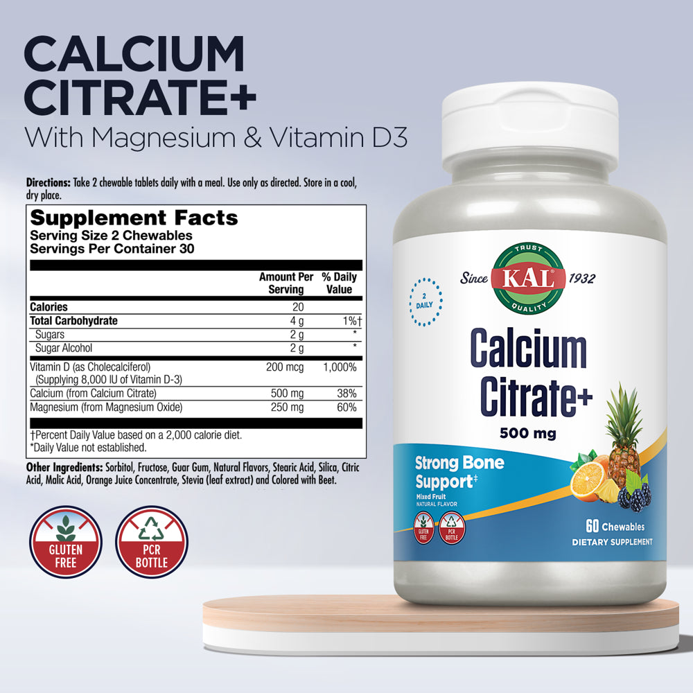 KAL Calcium Citrate Chewable 500Mg W/ Magnesium & Vitamin D-3 | for Bones, Teeth, Nerve & Muscle Support | Natural Mixed Fruit Flavor | 60 Chewables