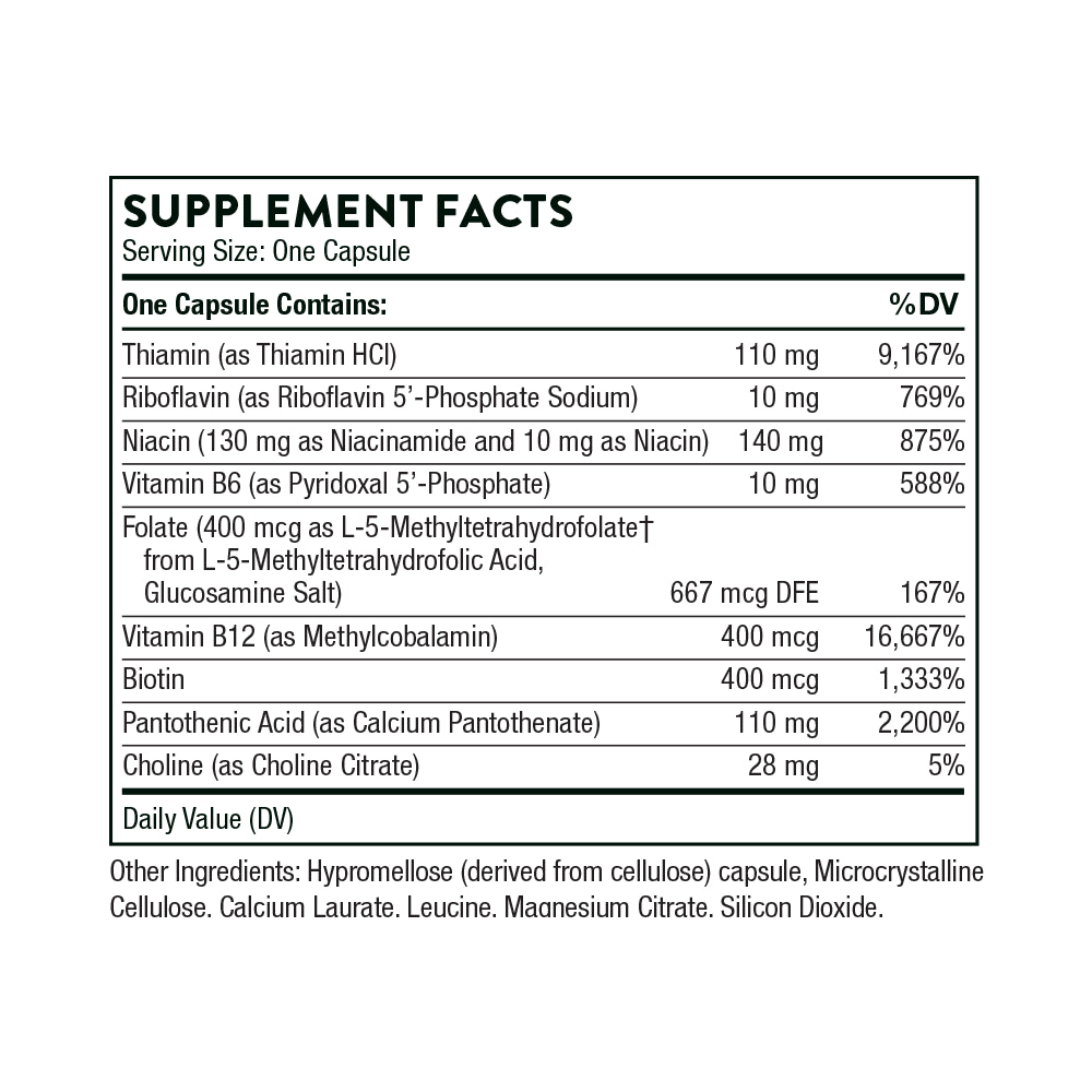 Thorne Basic B-Complex, Tissue-Ready Vitamin B Complex Supplement with Choline, Supports Cellular Energy Production, Brain Health & Red Blood Cell Formation, Gluten-Free, Dairy-Free, 60 Capsules