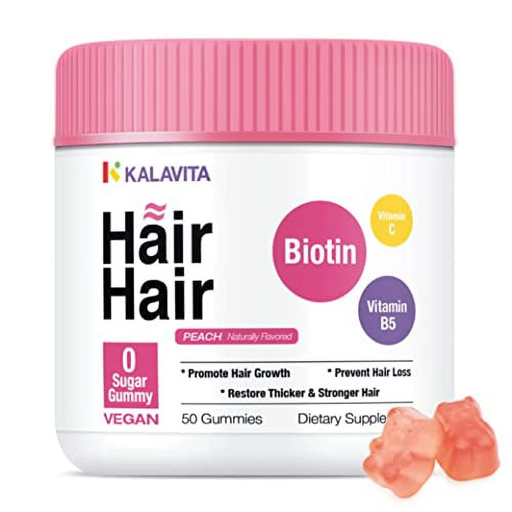 Kalavita Hair Skin & Nails Vegan Biotin Gummy Vitamins with Vitamins A, C, E, B5, and D to Support Hair Growth, Clear Skin, Strong Nails, Sugar Free, White Peach Flavor, 50 Gummies (25-Day Supply)