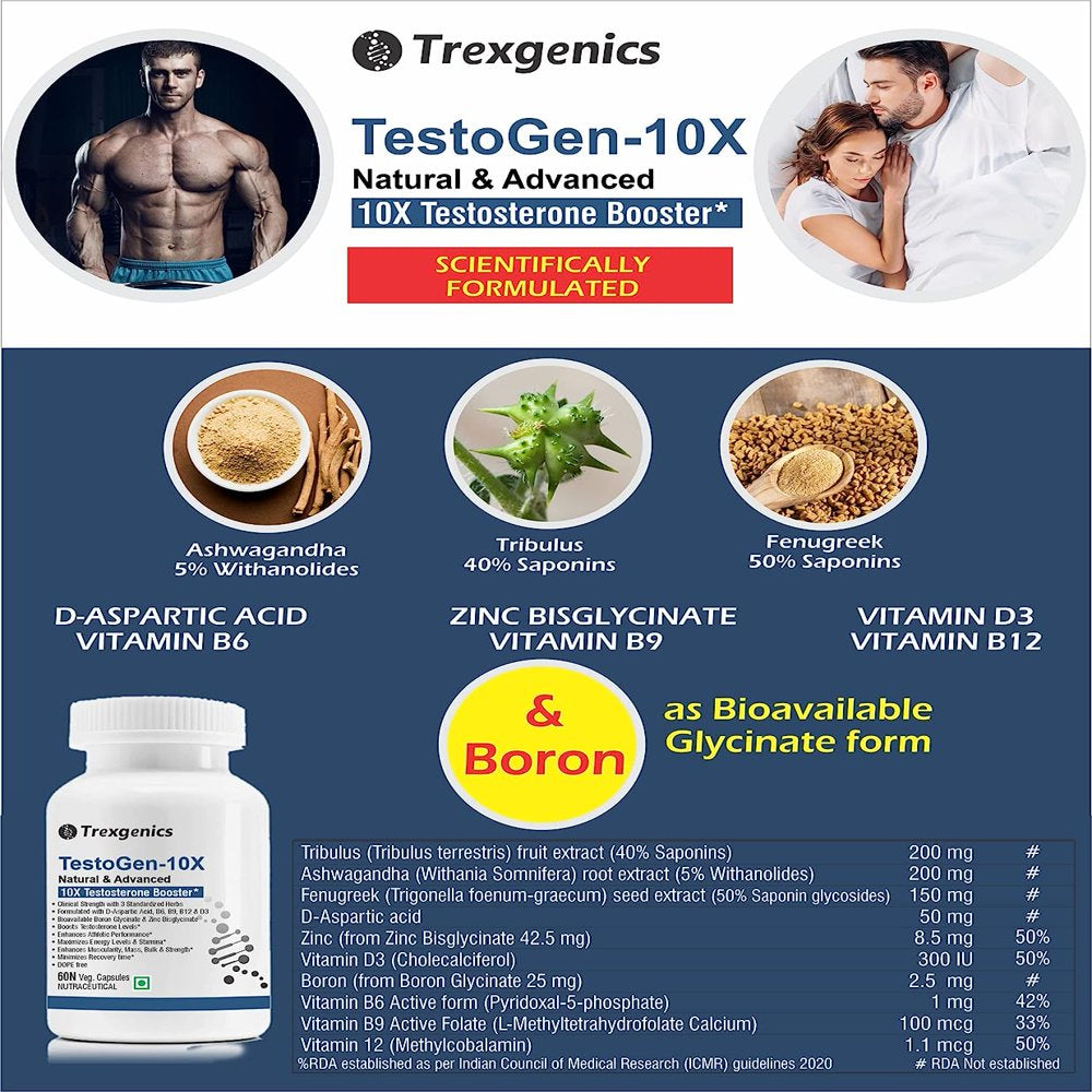 Trexgenics Testogen-10X Synergistic Testosterone Booster 60 Veg Capsules