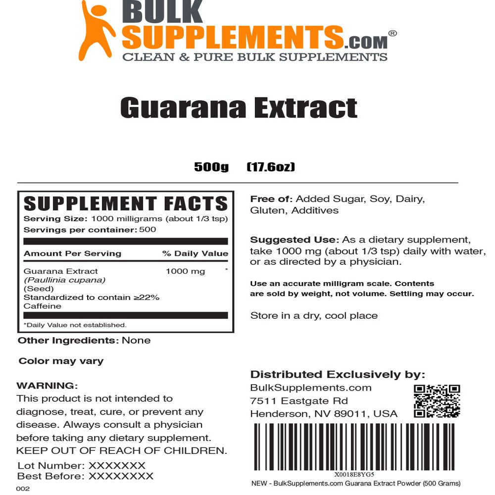 Bulksupplements.Com Guarana Extract Powder, 1000Mg - Guarana for Cognitive Support (500G - 500 Servings)