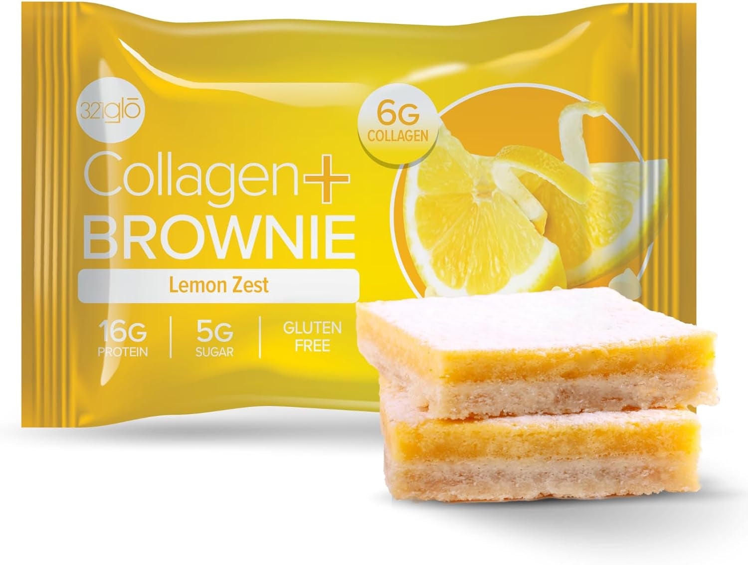 321Glo Collagen Protein Brownie | Gluten Free, Low Sugar | Keto Snack for Women, Men, & Kids | 16G Protein, 6G Collagen | 12 Pack (Lemon Zest)