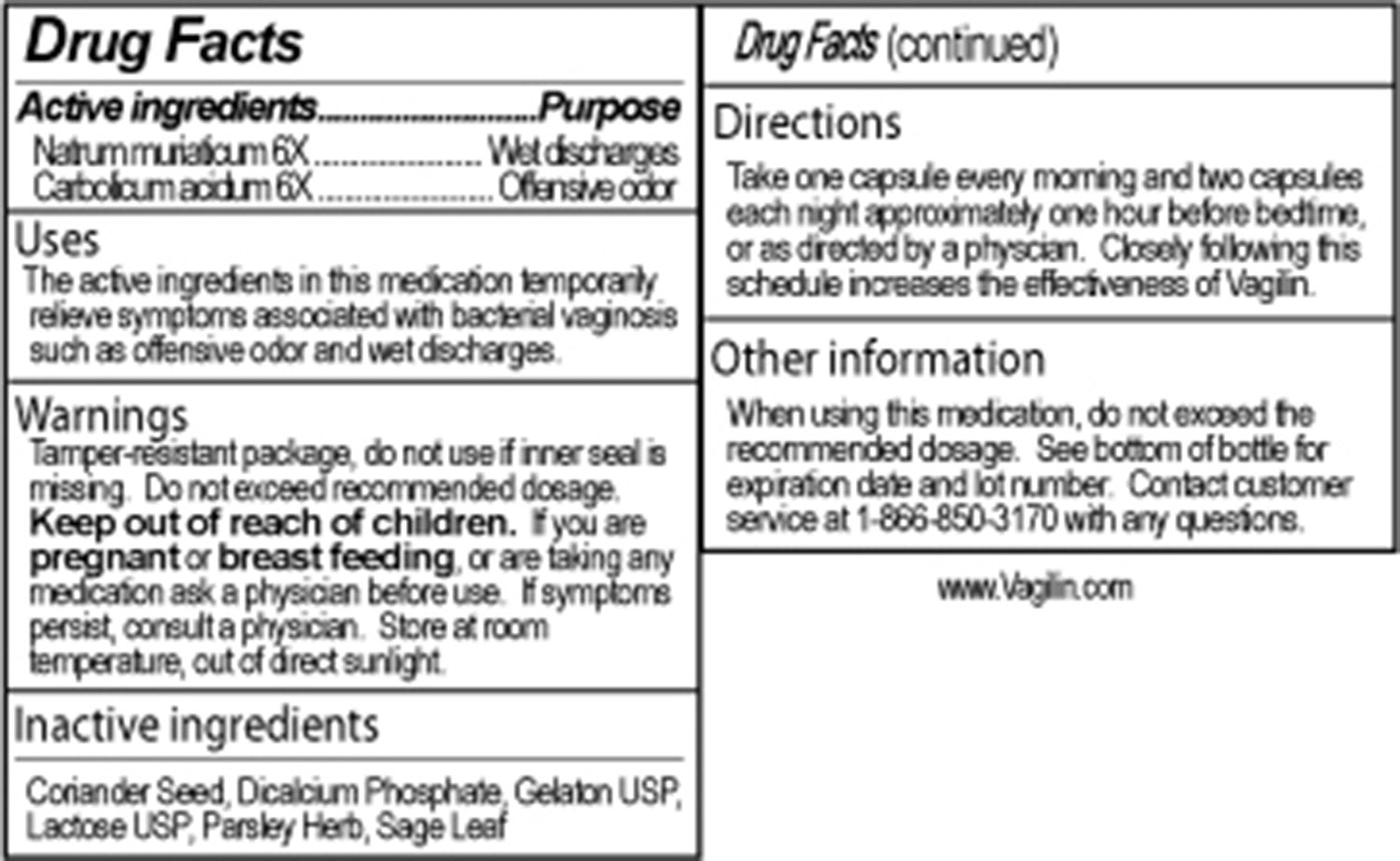 Vagilin for Treatment of Vaginal Odor Commonly Caused by Bacterial Vaginosis - 60 Capsules