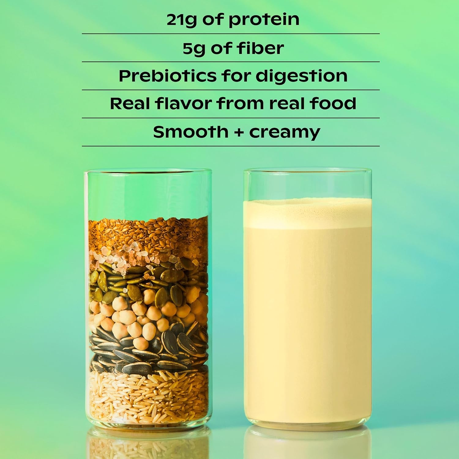 Wholier Organic Plant Protein + Prebiotics. 21G of Vegan Protein. 5G of Fiber. Psyllium Husk + Green Banana for Digestion. No Natural Flavors, Gums or Fillers. Vanilla Bean