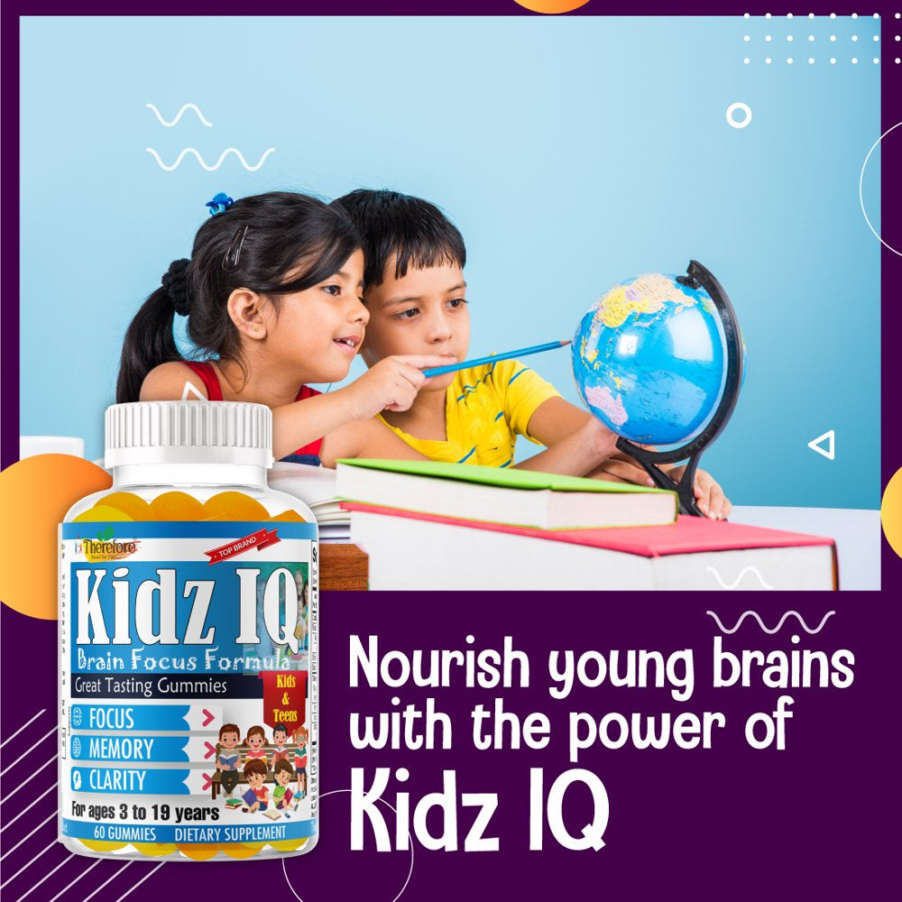 Kidz IQ Kids Focus Gummies Brain Vitamins for Kids & Teens, Brain Support Focus Supplement & Memory Vitamins 60 Gummies by Therefore