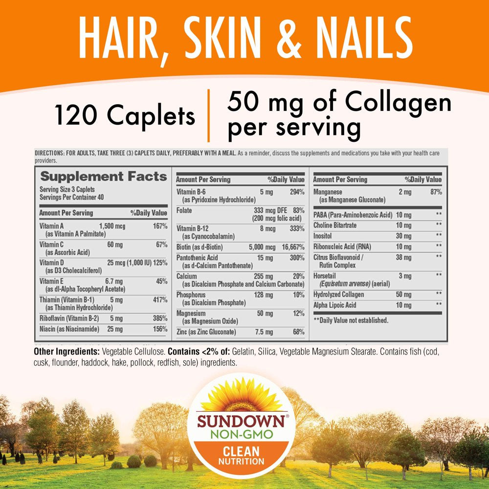 Hair, Skin & Nails Vitamins by Sundown, with Collagen, Non-Gmoˆ, Free of Gluten, Dairy, Artificial Flavors, 5000 Mcg of Biotin, 120 Caplets