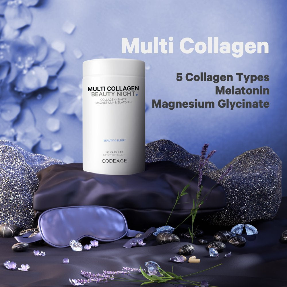 Codeage Multi Collagen Beauty Night, Magnesium, 5-HTP, Lavender, Melatonin, 5 Types Collagen + Sleep, 150 Ct