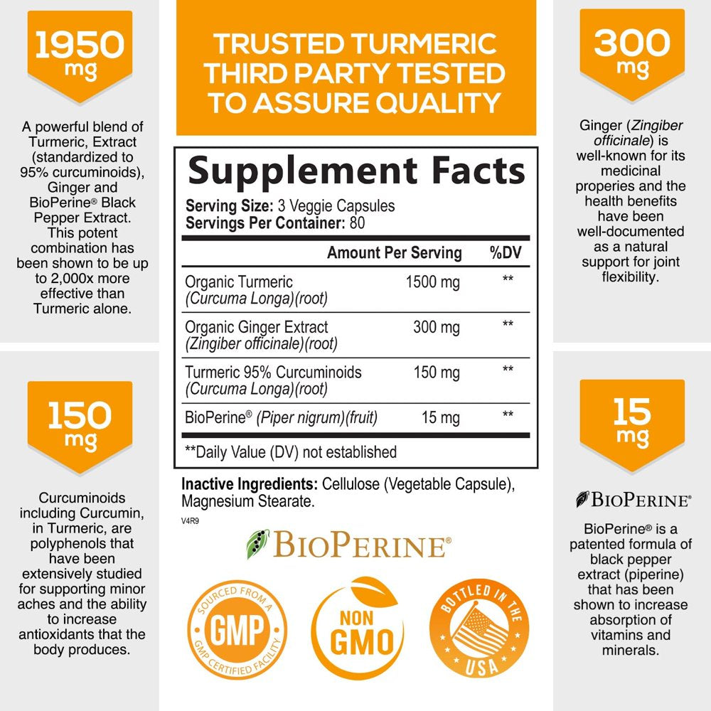 Turmeric Curcumin with Bioperine & Ginger 95% Standardized Curcuminoids 1950Mg Black Pepper for Max Absorption Joint Support, Nature'S Tumeric Herbal Extract Supplement, Vegan, Non-Gmo - 240 Capsules