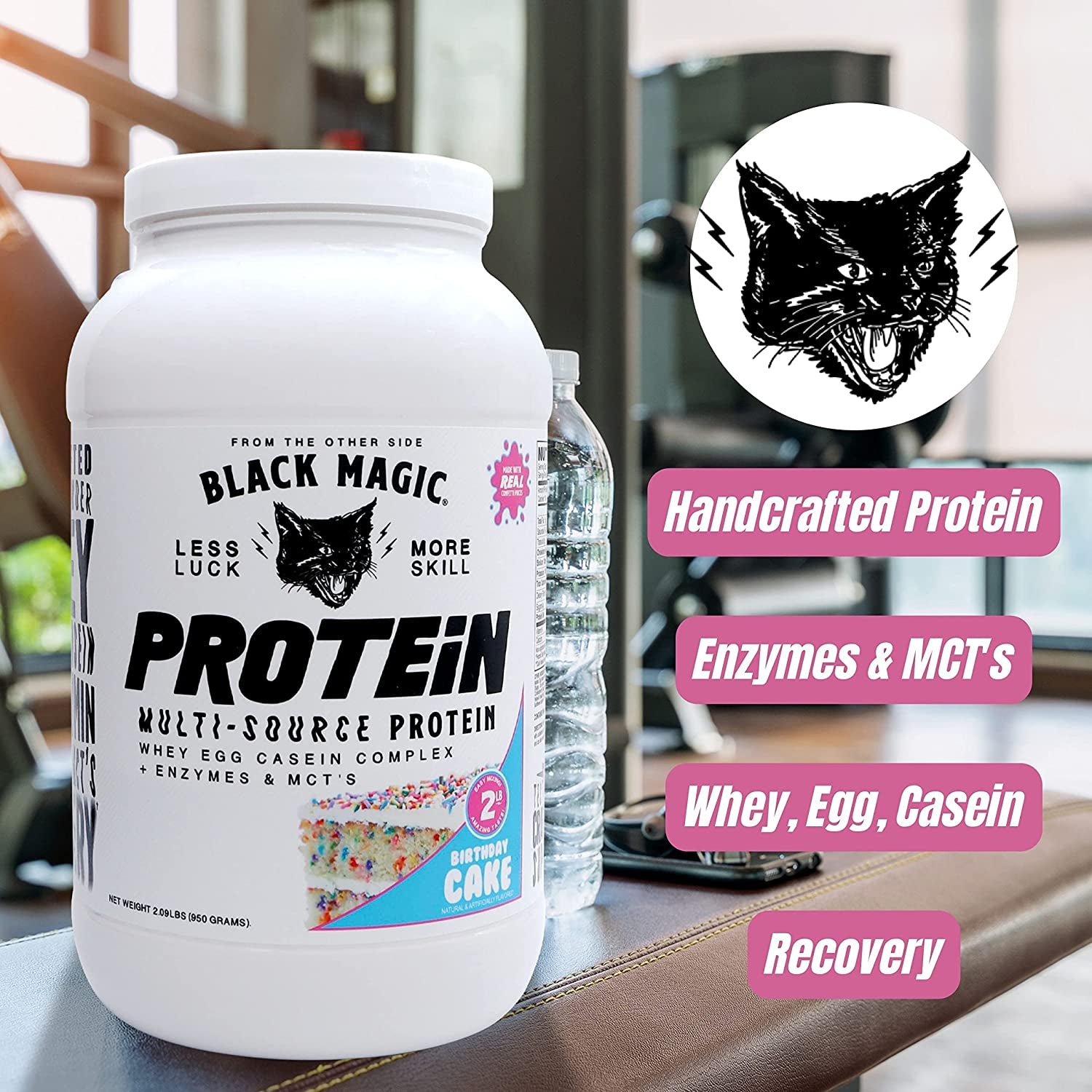 Worldwide Nutrition Bundle,2 Items: Black Magic Multi Source Protein Powder Whey, Egg Albumin Enzymes, Micellar Casein & Mcts Muscle Mass Gaining Birthday Cake Flavor - 2 LB & Multi Purpose Key Chain