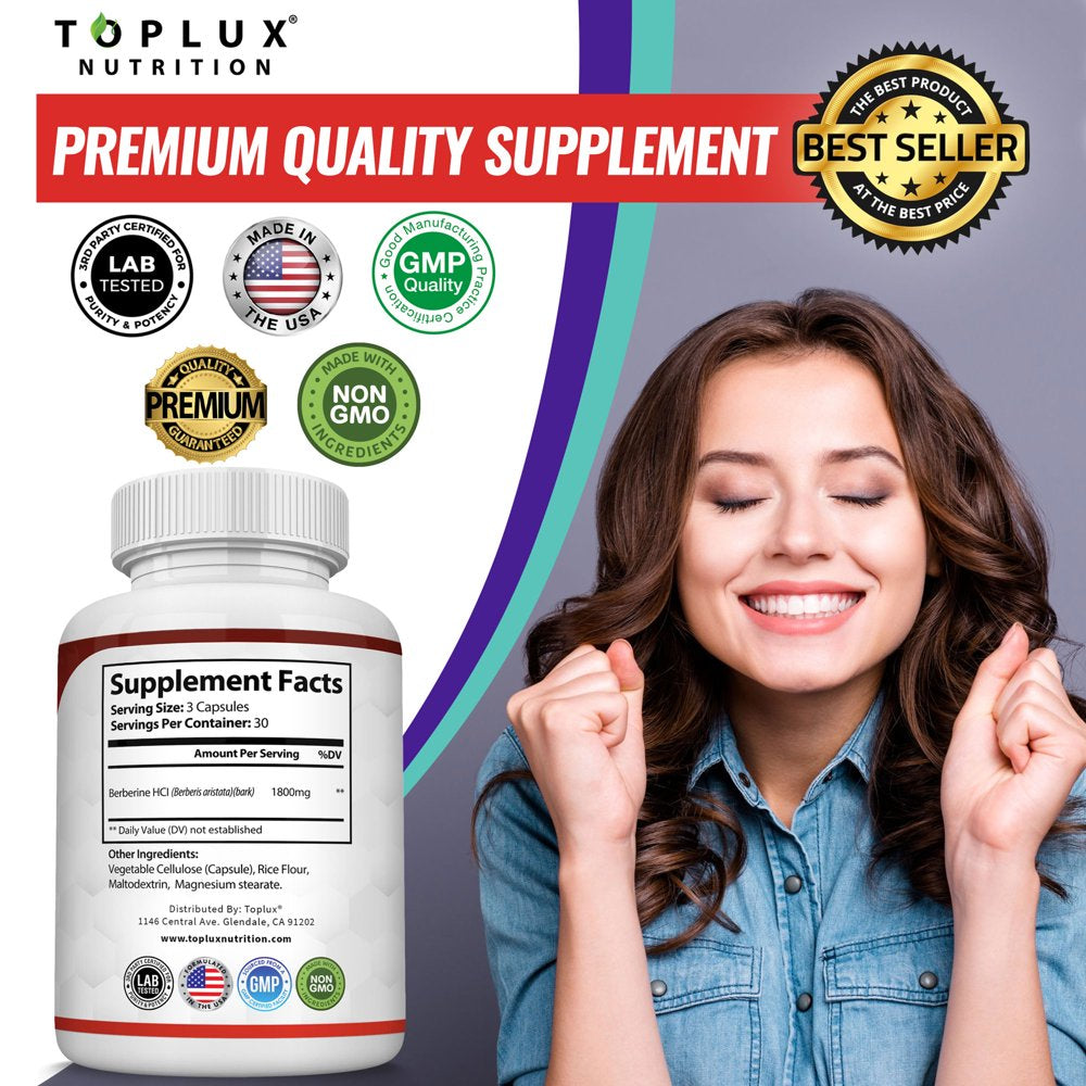Toplux Berberine Extract Supplement 1800Mg Berberine Hcl Healthy Blood Sugar and Cardiovascular Health, for Men Women, 90 Capsules